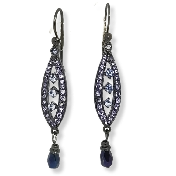 1928 BRAND DARK METAL WITH BLUE & PURPLE AUSTRIAN CRYSTAL DROP HOOK EARRINGS - Picture 1 of 3